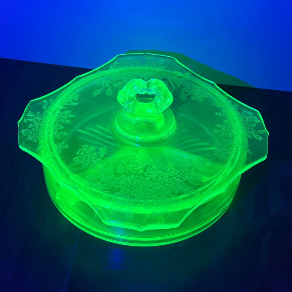 Vintage Uranium Glowing Green Glass Divided Dish with Lid